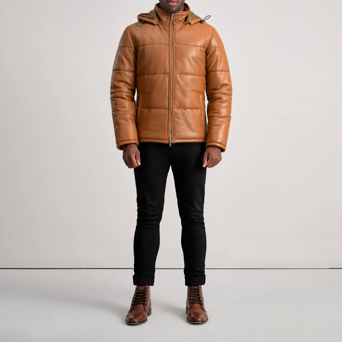 Gordon Tan Brown Hooded Sheepskin Leather Puffer Jacket