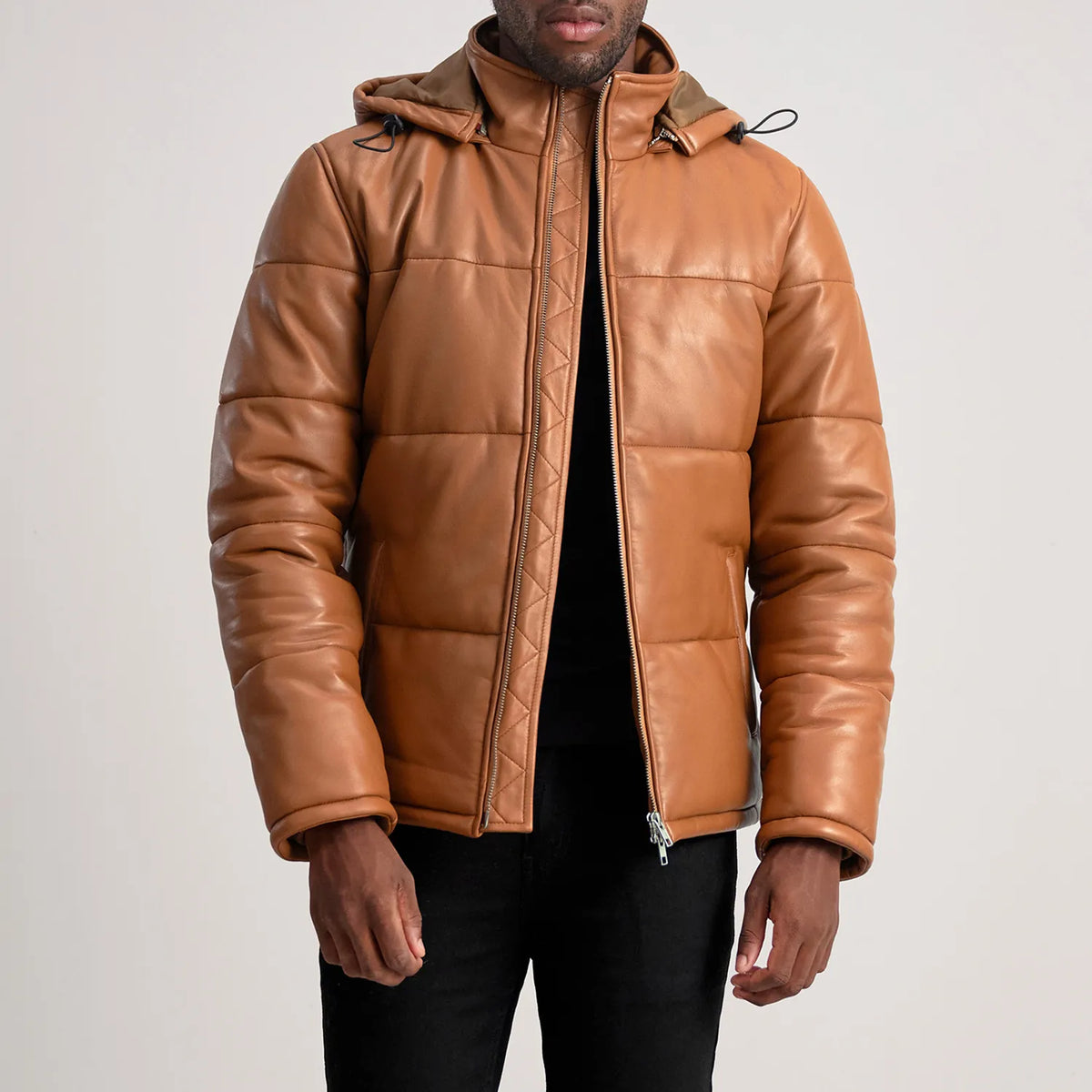 Gordon Tan Brown Hooded Sheepskin Leather Puffer Jacket
