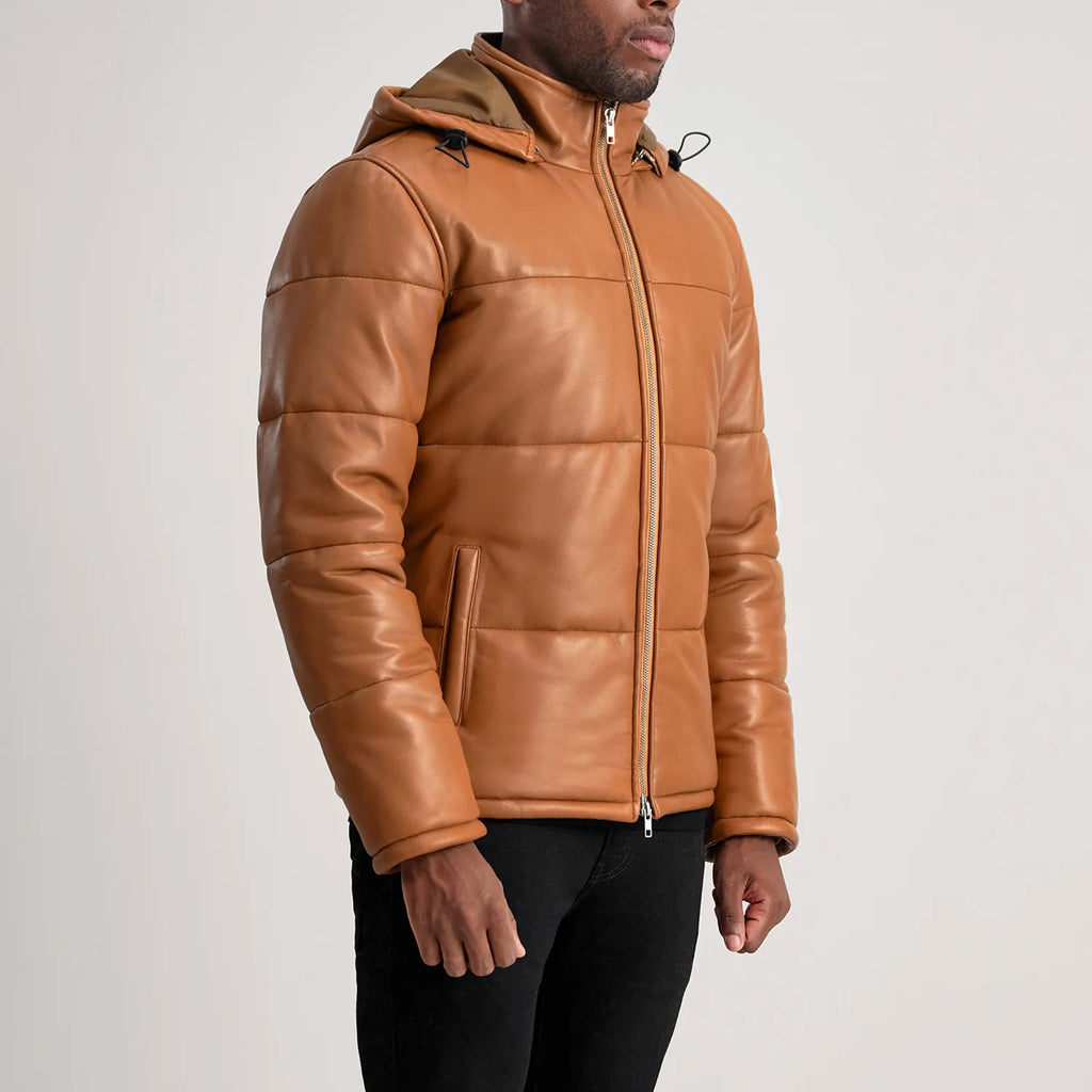 Gordon Tan Brown Hooded Sheepskin Leather Puffer Jacket