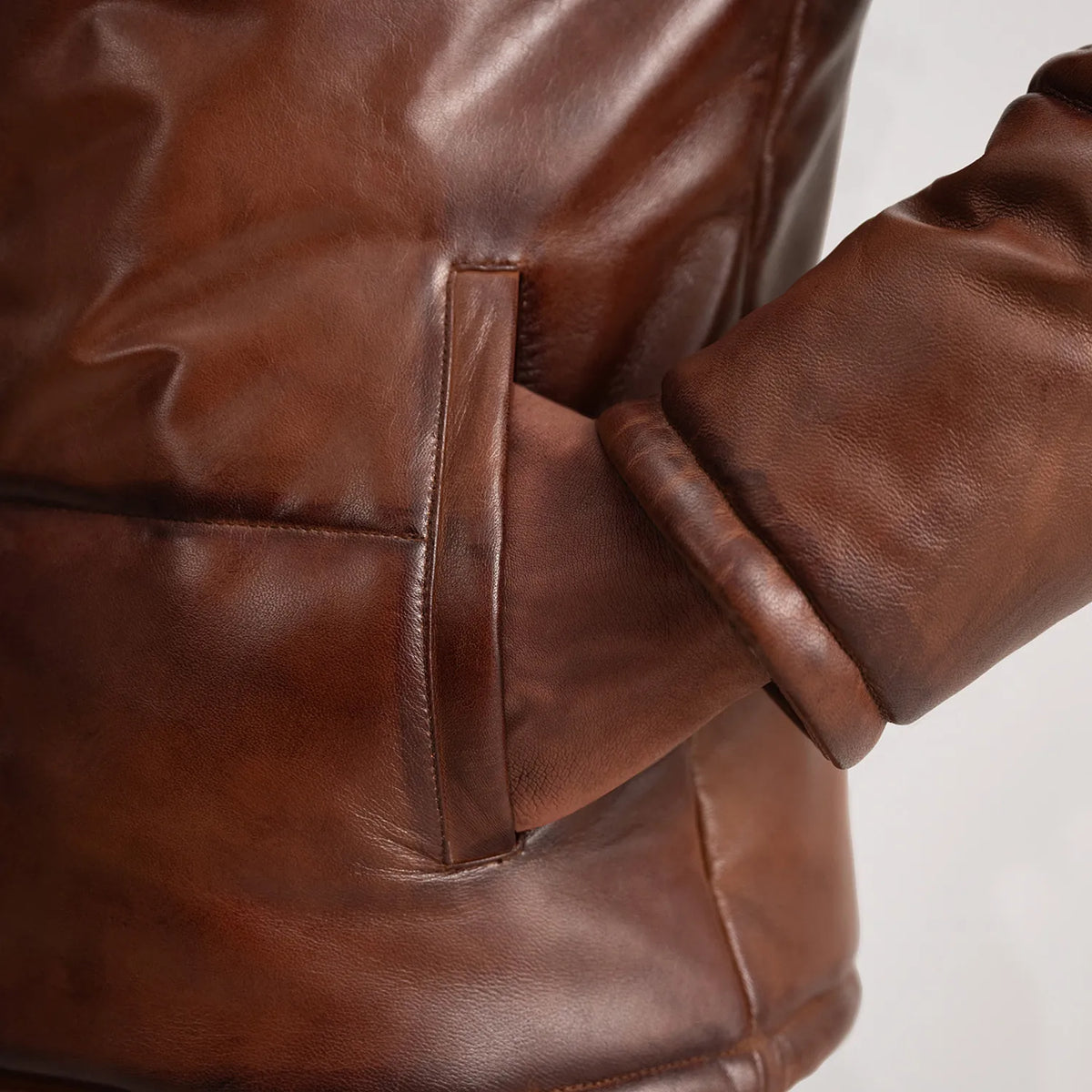 Gordon Waxed Brown Hooded Sheepskin Leather Puffer Jacket
