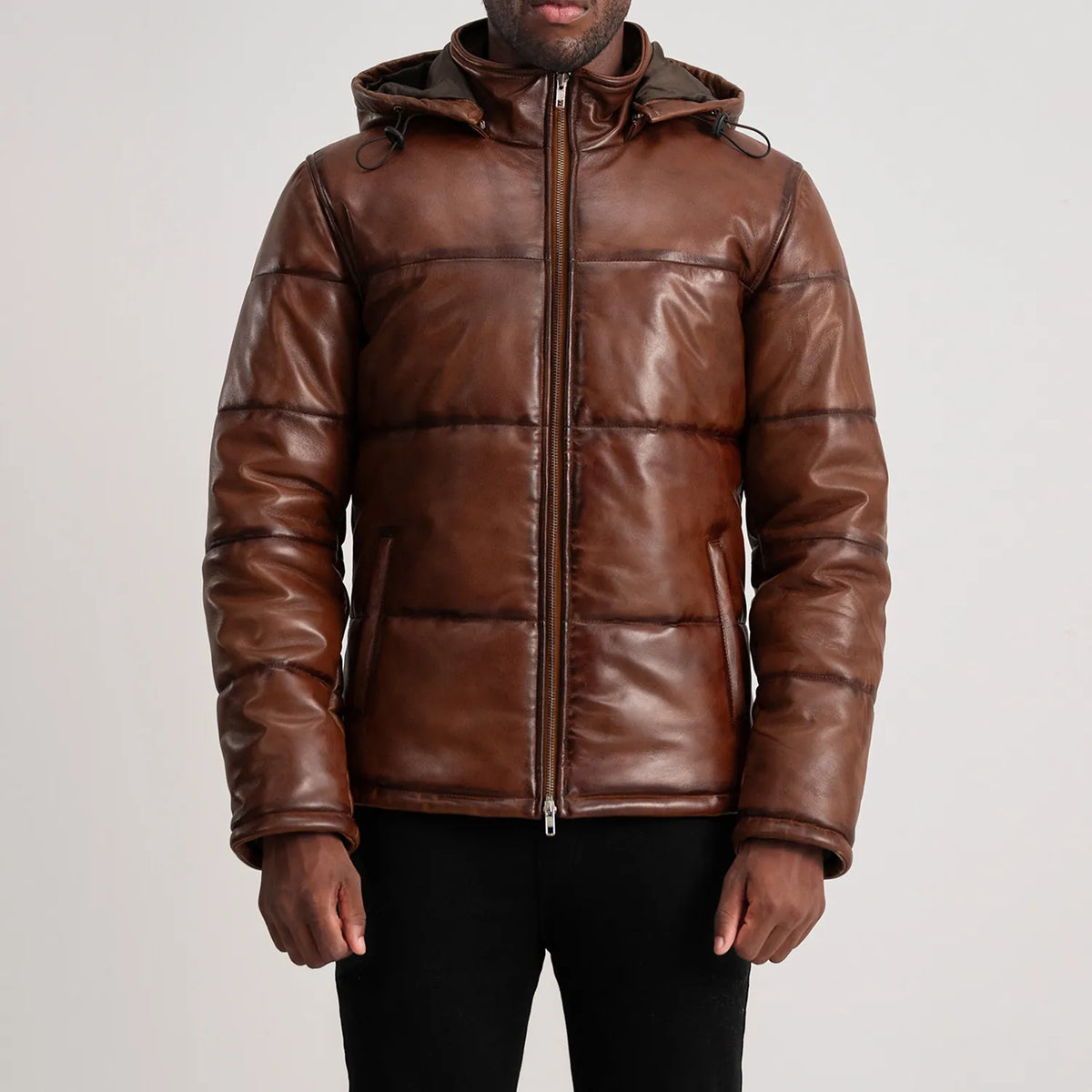 Gordon Waxed Brown Hooded Sheepskin Leather Puffer Jacket