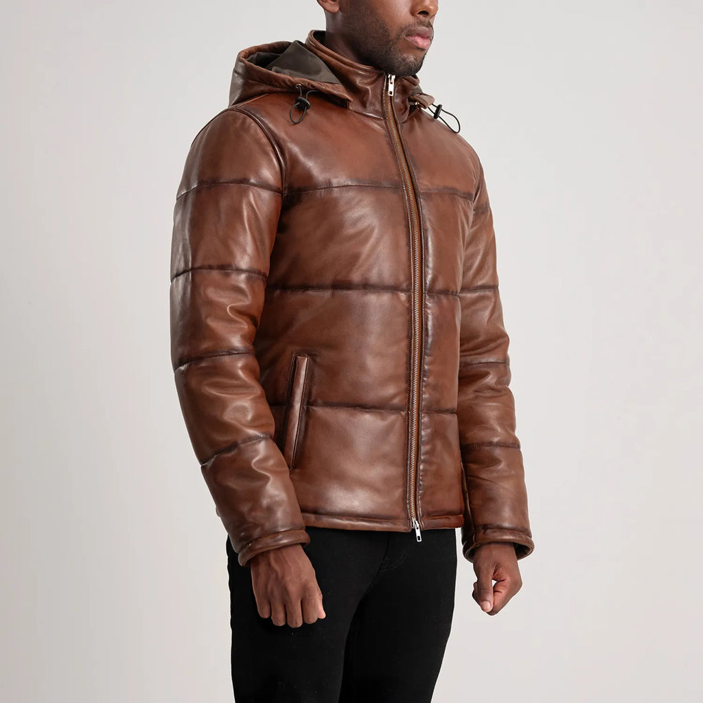 Gordon Waxed Brown Hooded Sheepskin Leather Puffer Jacket