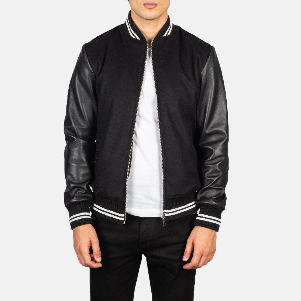 Harrison Black Hybrid Leather & Synthetic Wool Varsity Jacket