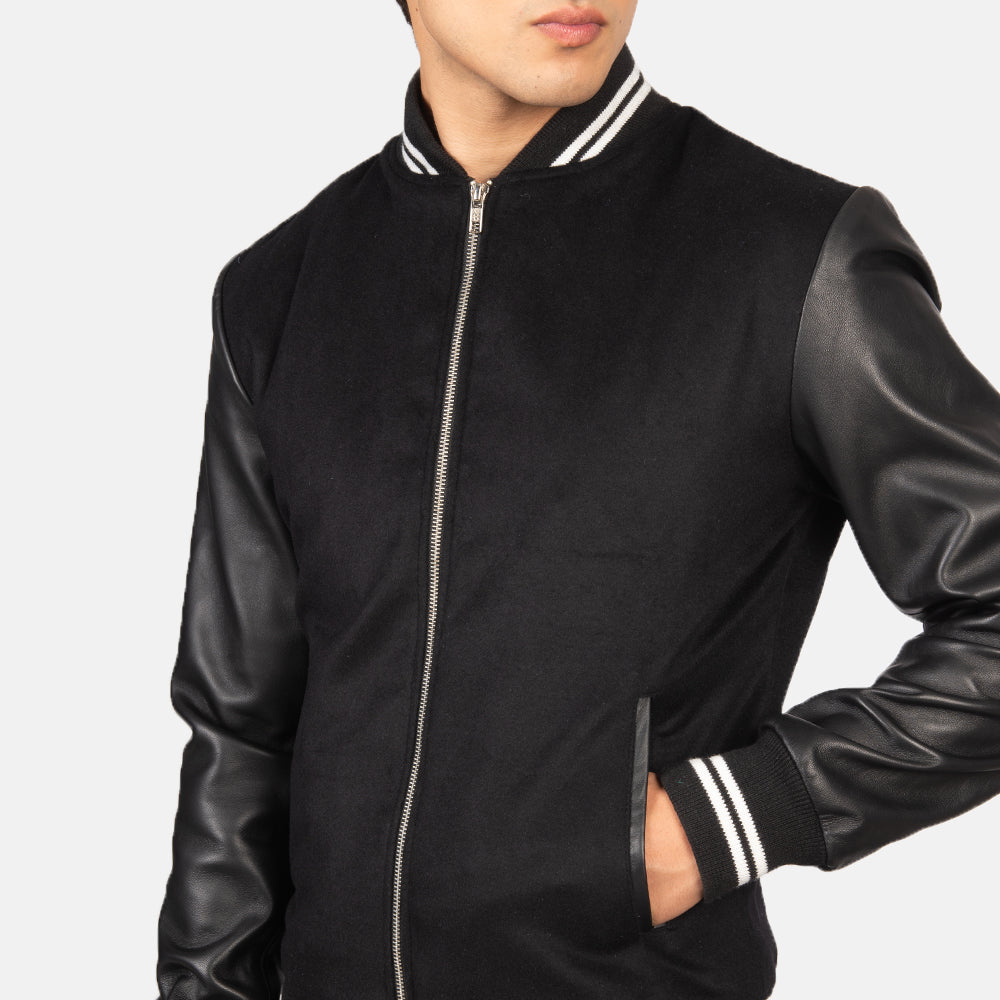 Harrison Black Hybrid Leather & Synthetic Wool Varsity Jacket