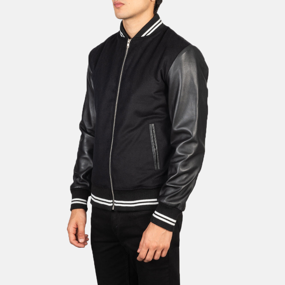 Harrison Black Hybrid Leather & Synthetic Wool Varsity Jacket