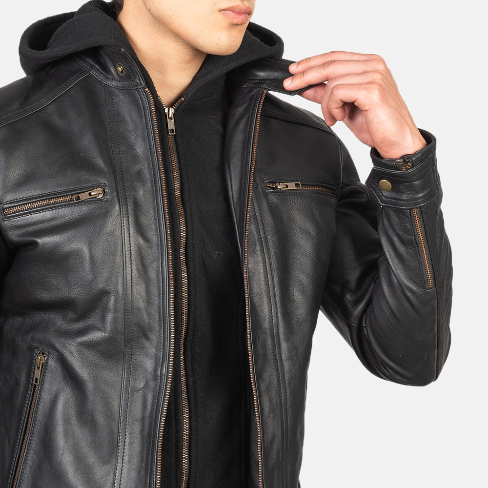 Hector Black Hooded Cowhide Moto Leather Jacket