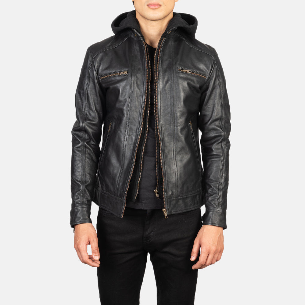 Hector Black Hooded Cowhide Moto Leather Jacket
