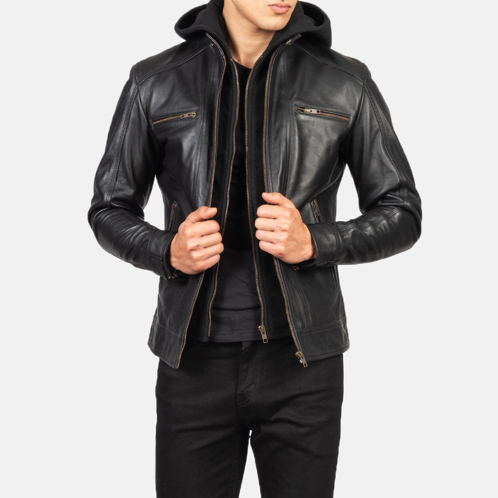 Hector Black Hooded Cowhide Moto Leather Jacket