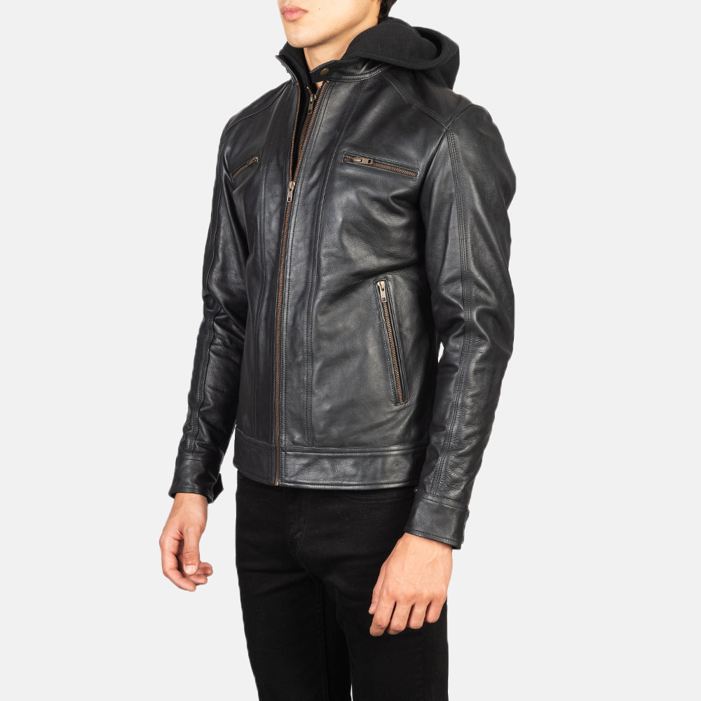 Hector Black Hooded Cowhide Moto Leather Jacket