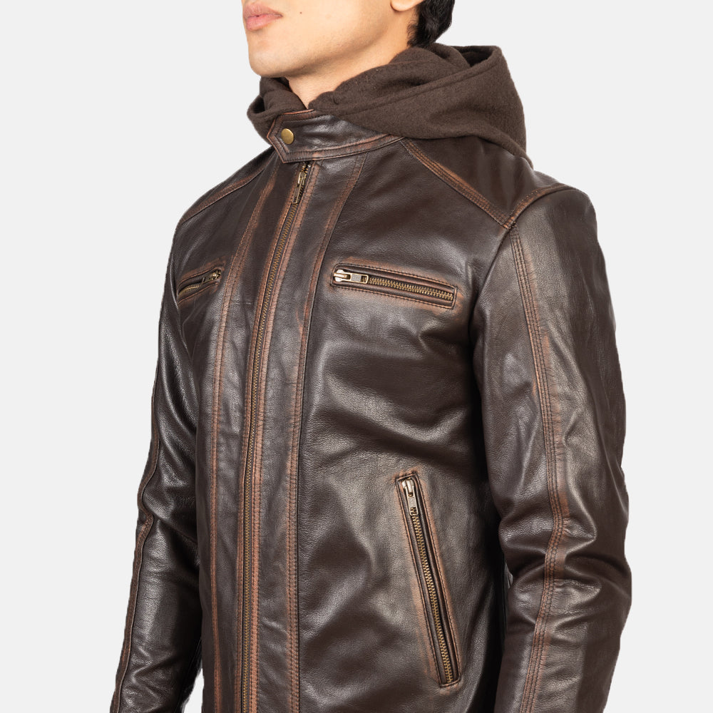 Hector Vintage Brown Hooded Goatskin Moto Leather Jacket
