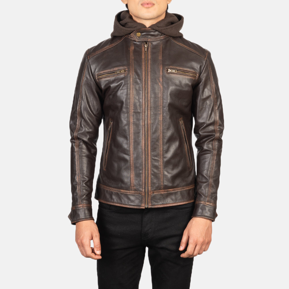 Hector Vintage Brown Hooded Goatskin Moto Leather Jacket