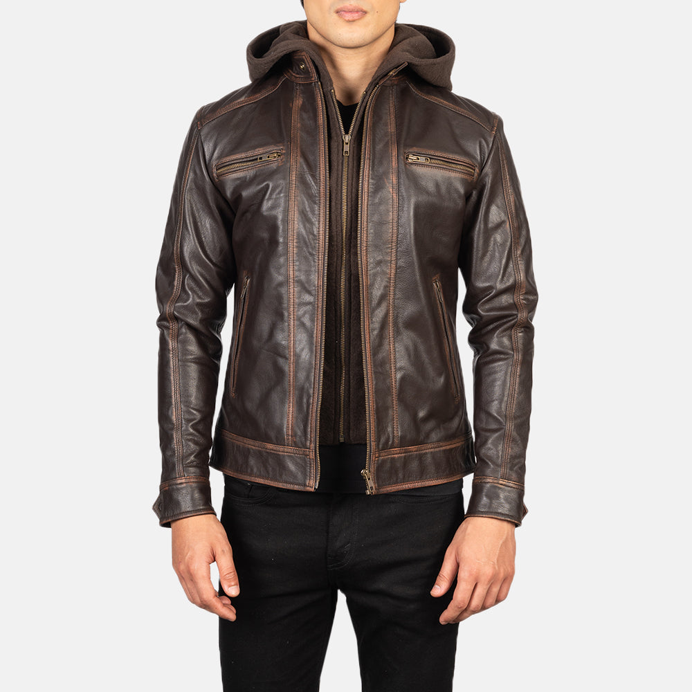 Hector Vintage Brown Hooded Goatskin Moto Leather Jacket