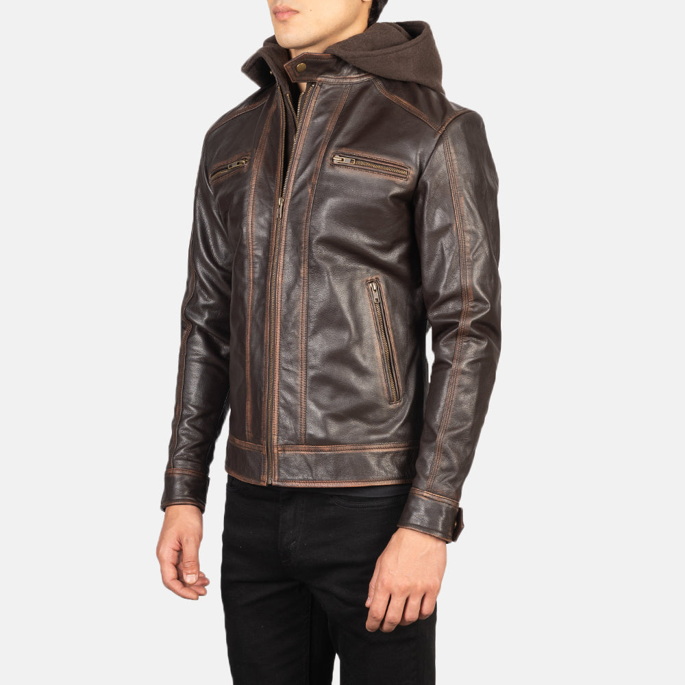 Hector Vintage Brown Hooded Goatskin Moto Leather Jacket