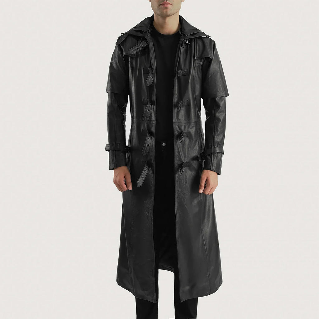 Huntsman Black Hooded Cowhide Trench Coat