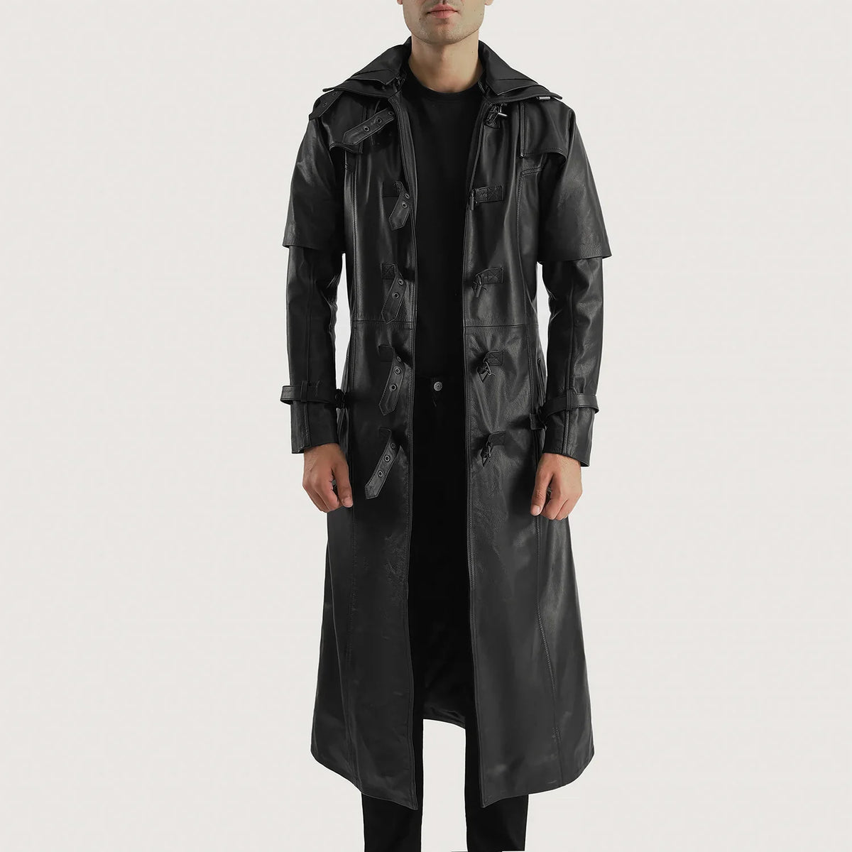 Huntsman Black Hooded Cowhide Trench Coat
