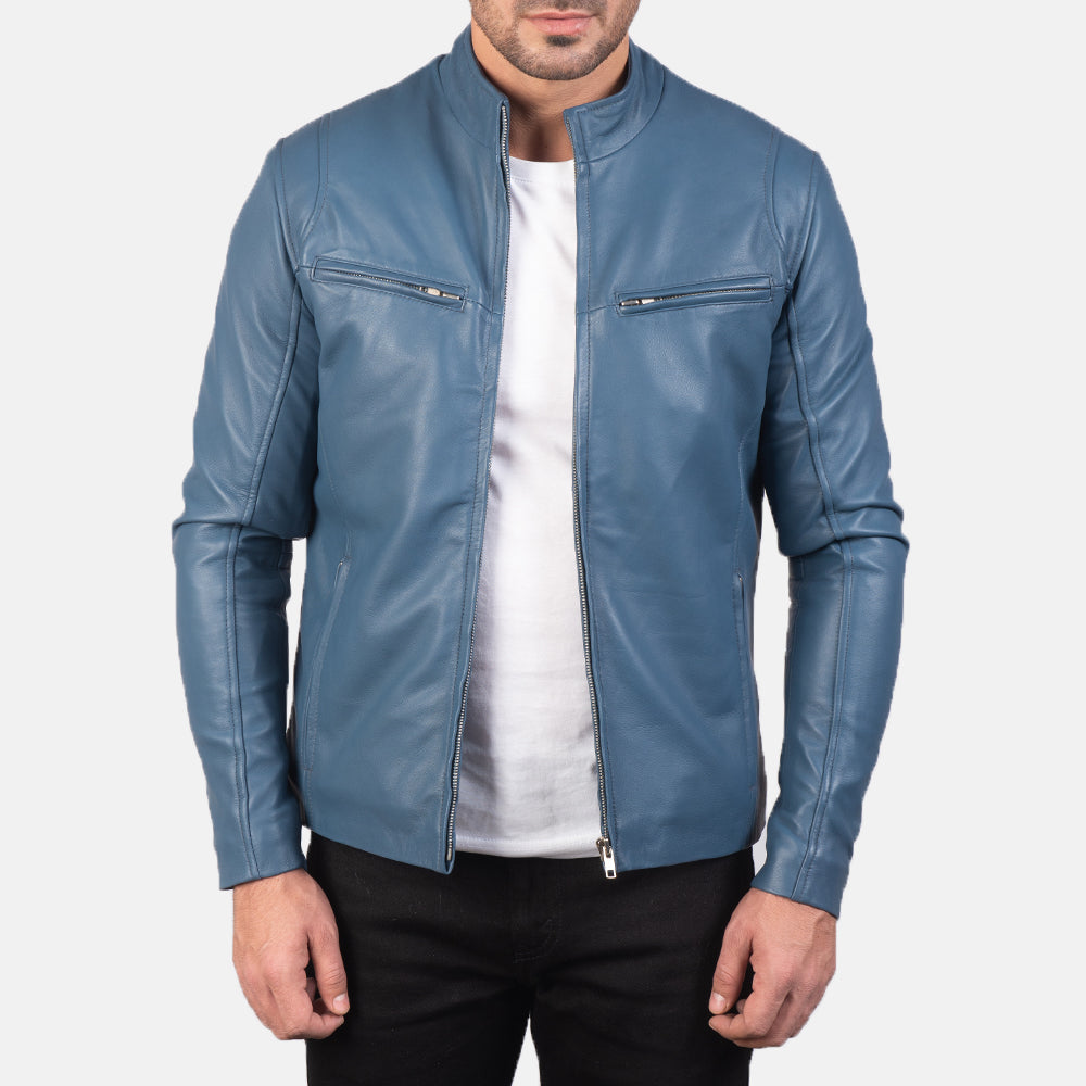 Ionic Blue Sheepskin Leather Biker Jacket