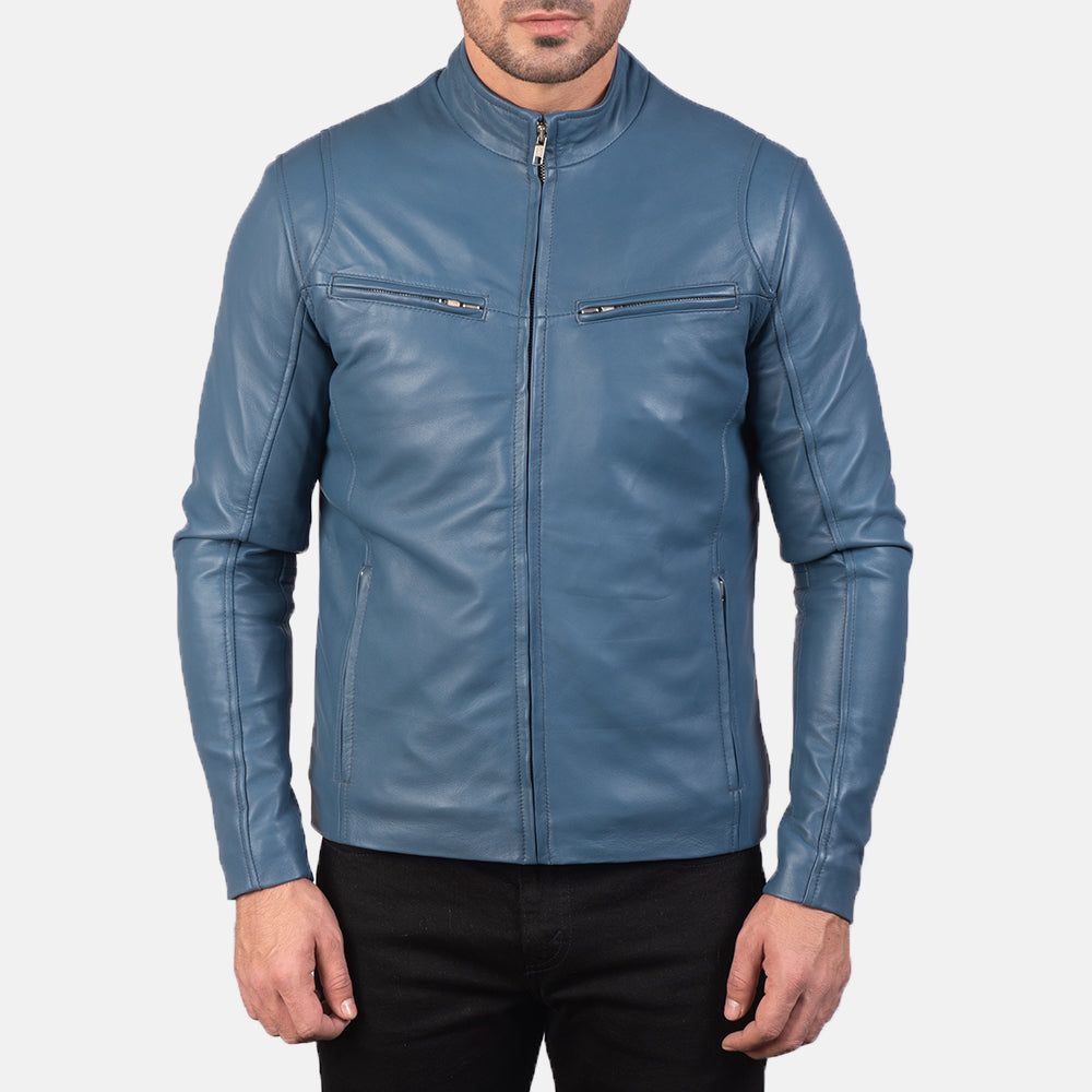 Ionic Blue Sheepskin Leather Biker Jacket