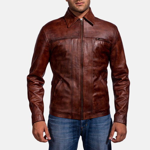 Abstract Distressed Brown Burnished Leather Jacket