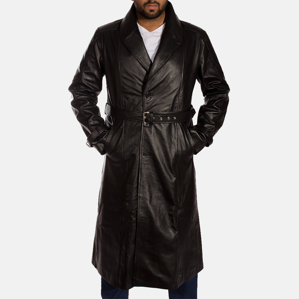 Hooligan Black Cowhide Leather Trench Coat