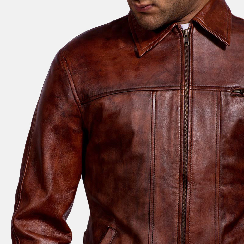 Abstract Distressed Brown Burnished Leather Jacket