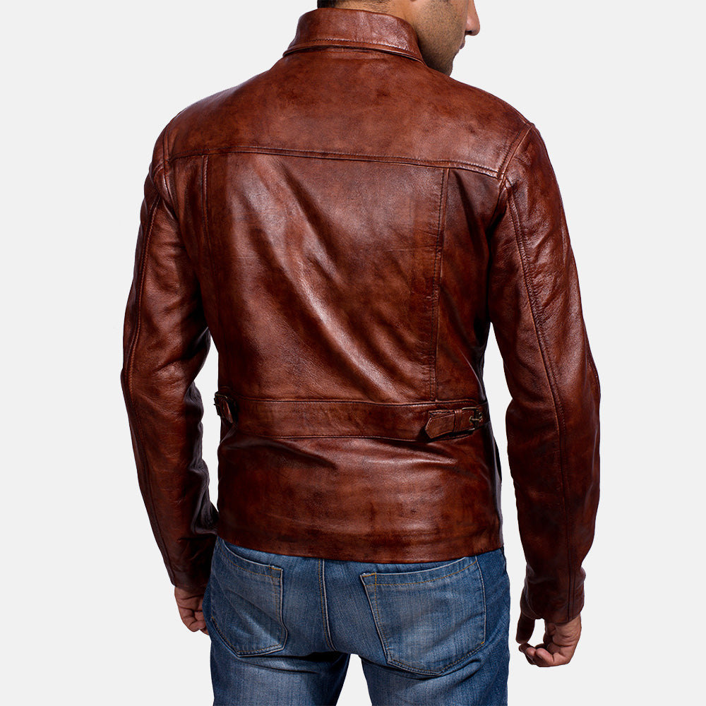 Abstract Distressed Brown Burnished Leather Jacket