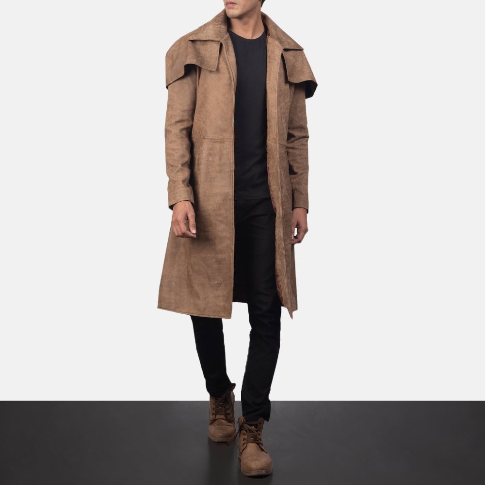 Army Distressed Brown Leather Duster Coat