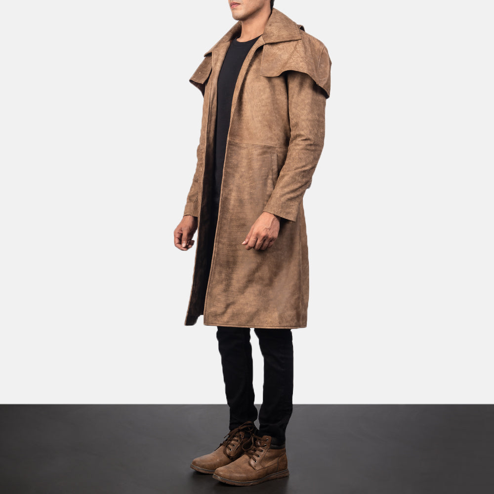 Army Distressed Brown Leather Duster Coat