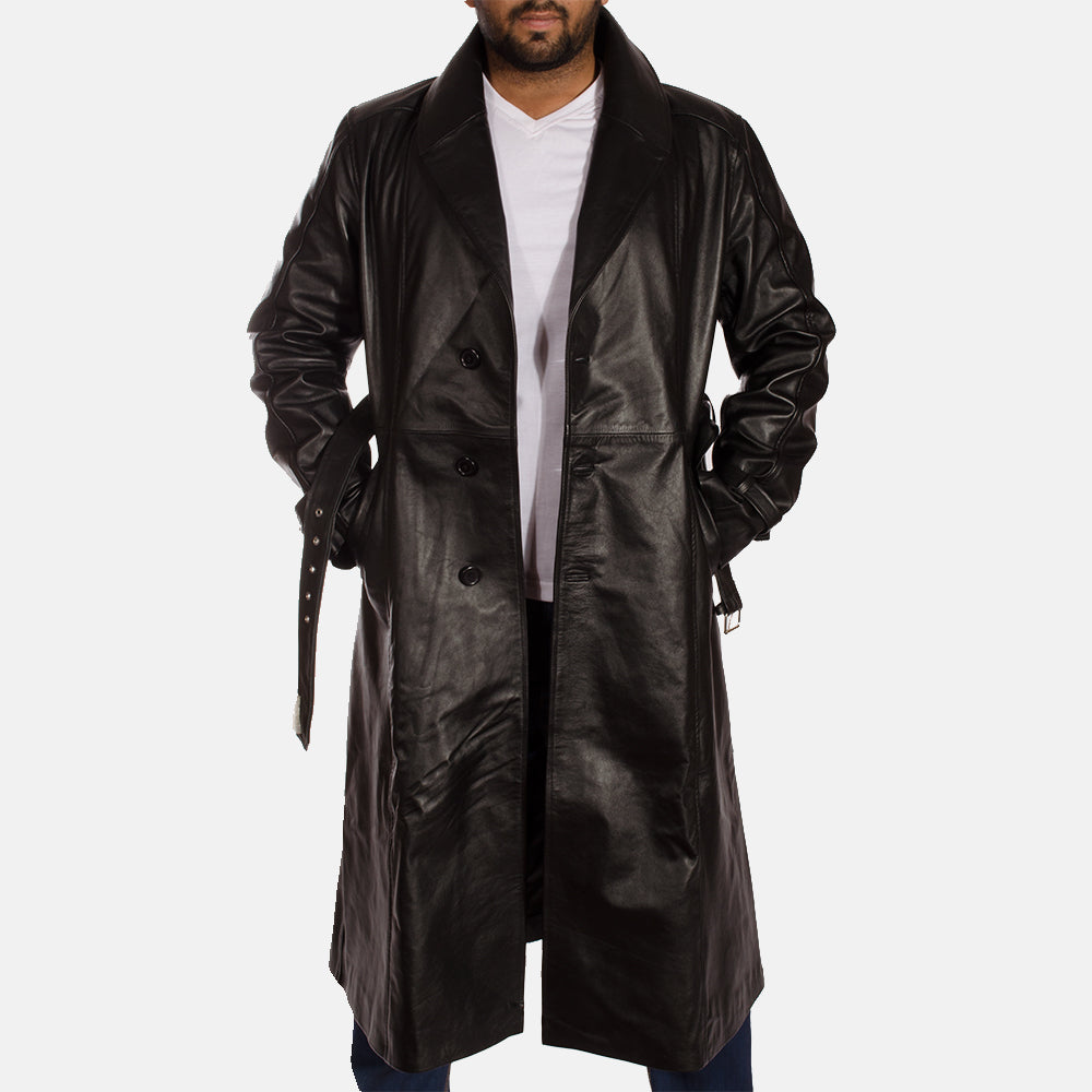 Hooligan Black Cowhide Leather Trench Coat