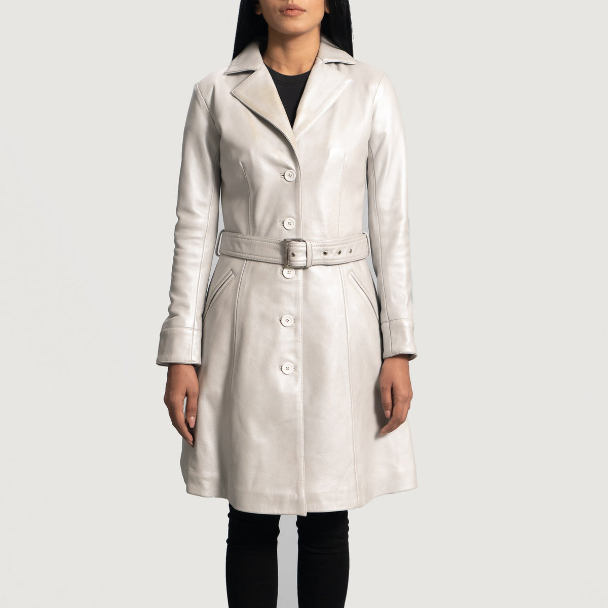 Moonlight Silver Aniline Leather Trench Coat
