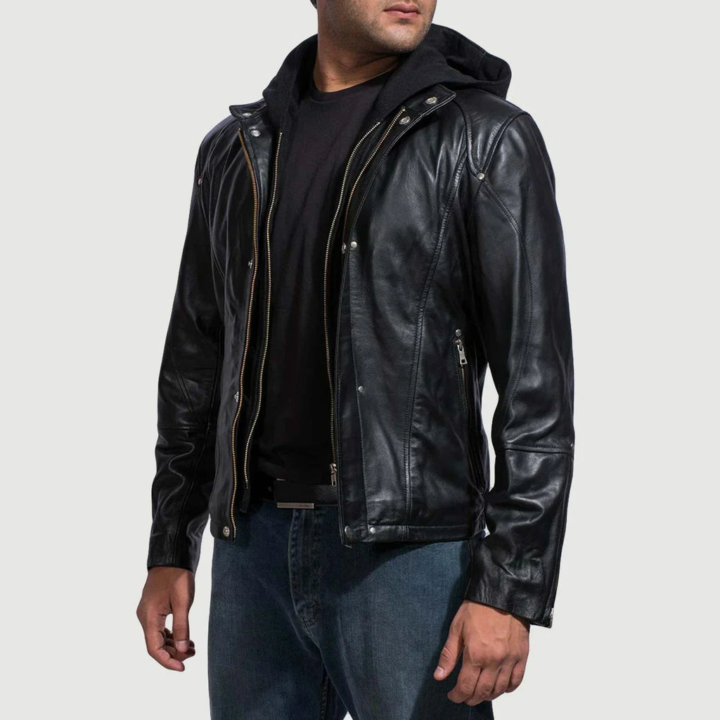 Highschool Black Hooded Cowhide Leather Jacket