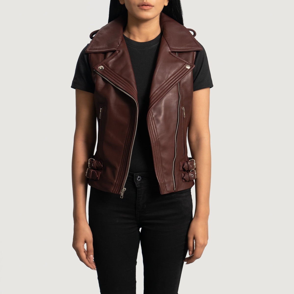 Rhonda Maroon Sheepskin Biker Vest