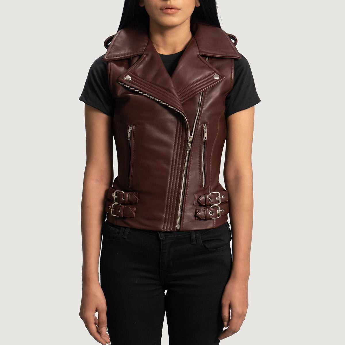 Rhonda Maroon Sheepskin Biker Vest