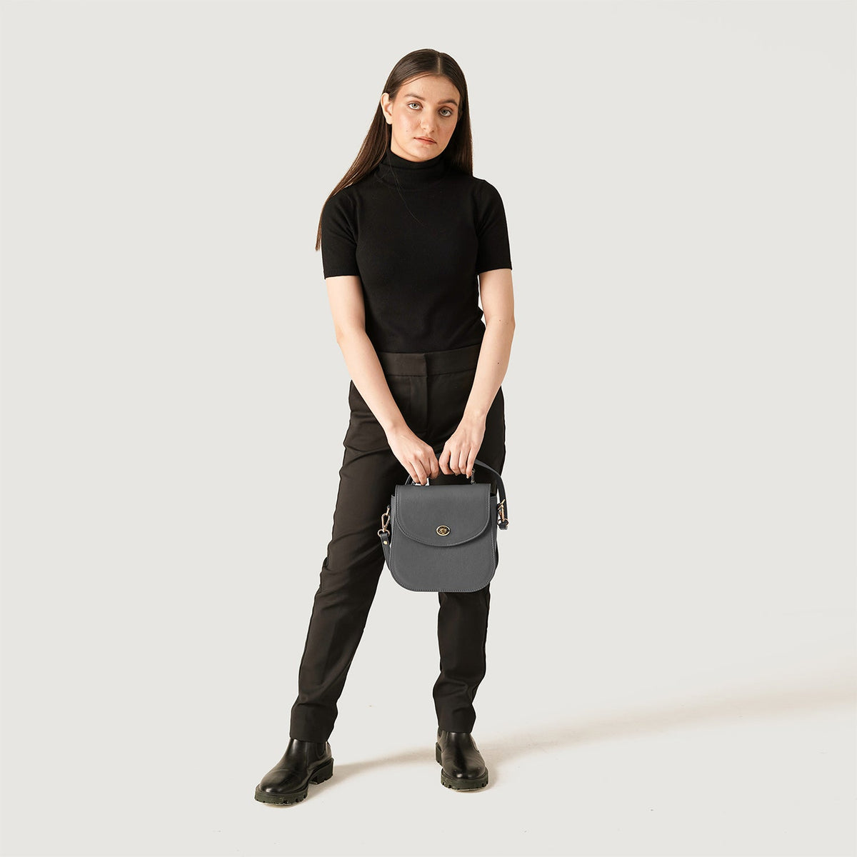 The Sandra Grey Leather Saddle Bag