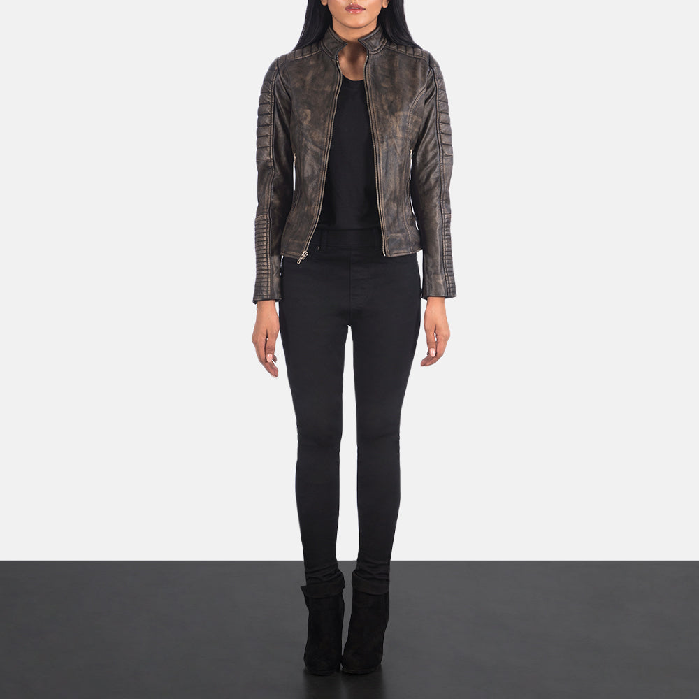 Adalyn Distressed Brown Rub-Off Goatskin Quilted Moto Jacket