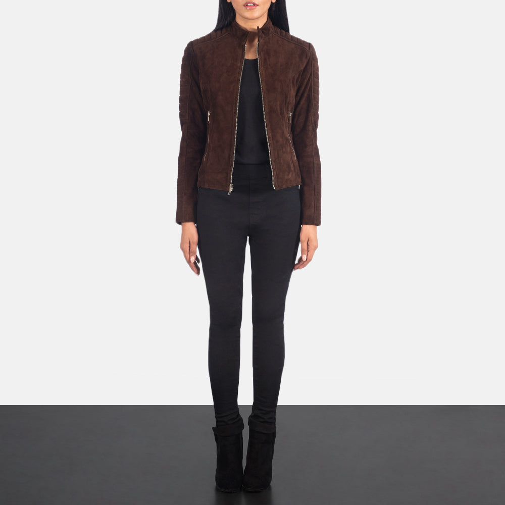 Adalyn Mocha Brown Suede Goatskin Quilted Moto Jacket