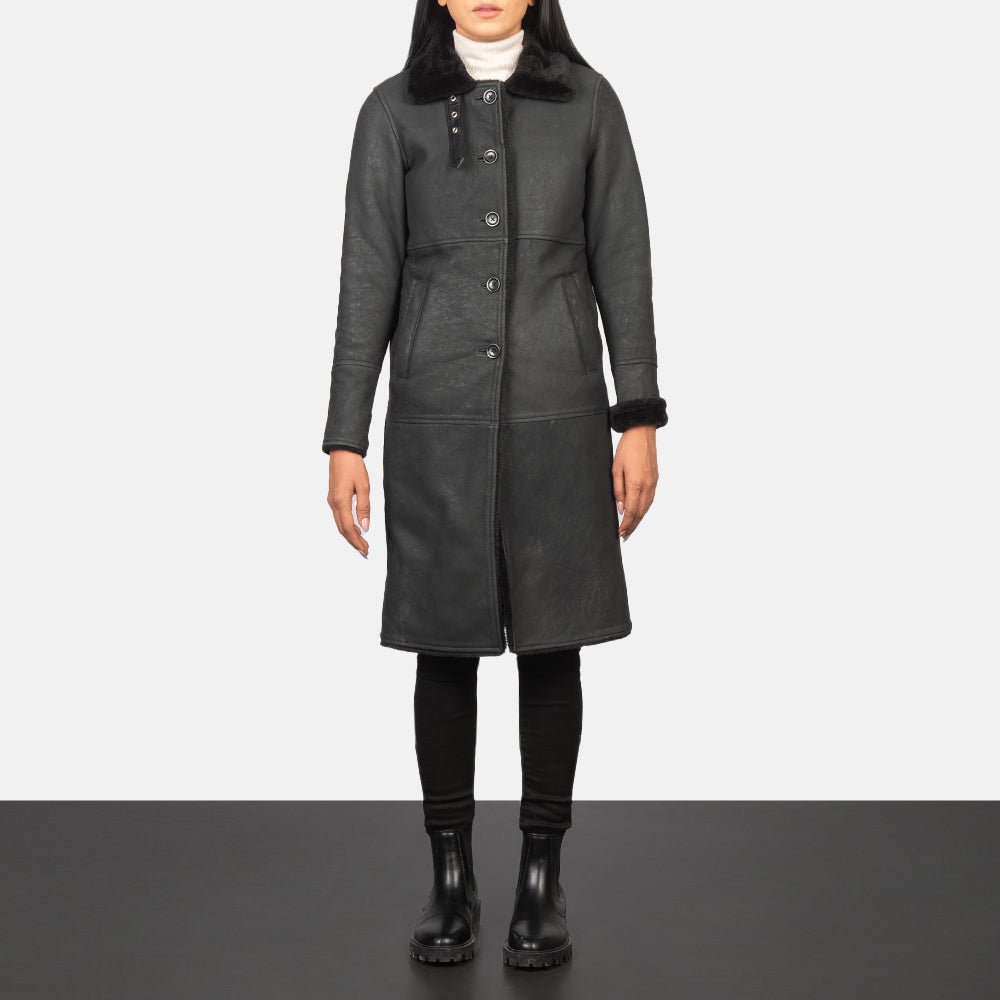 Alina Distressed Black Shearling Sheepskin Leather Coat