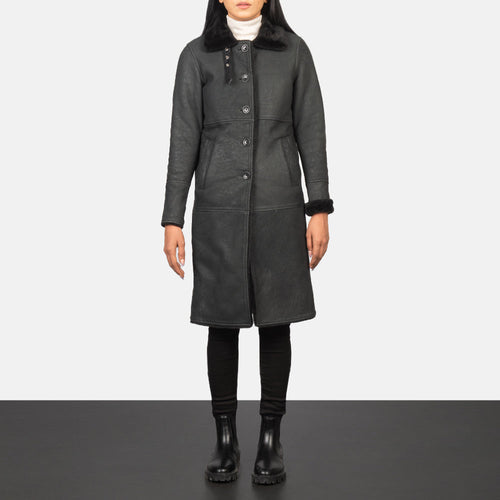 Alina Distressed Black Shearling Sheepskin Leather Coat