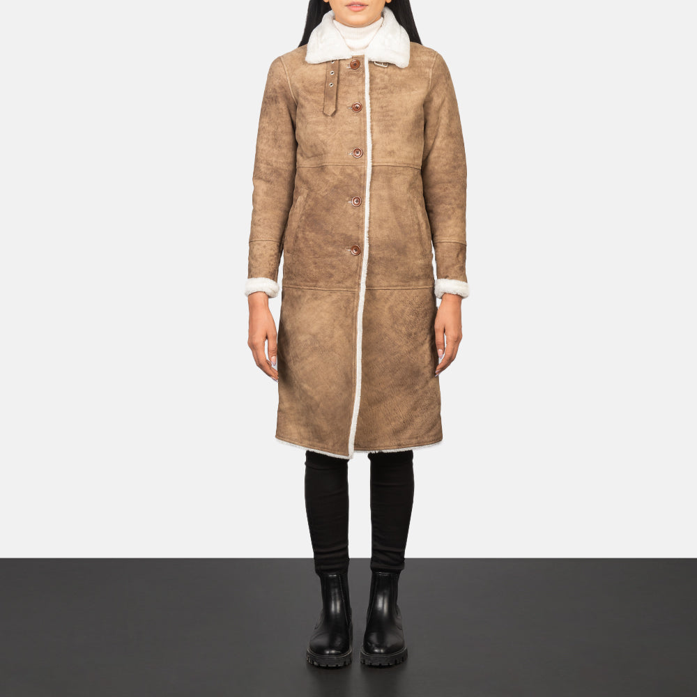 Alina Distressed Brown Shearling Sheepskin Leather Coat