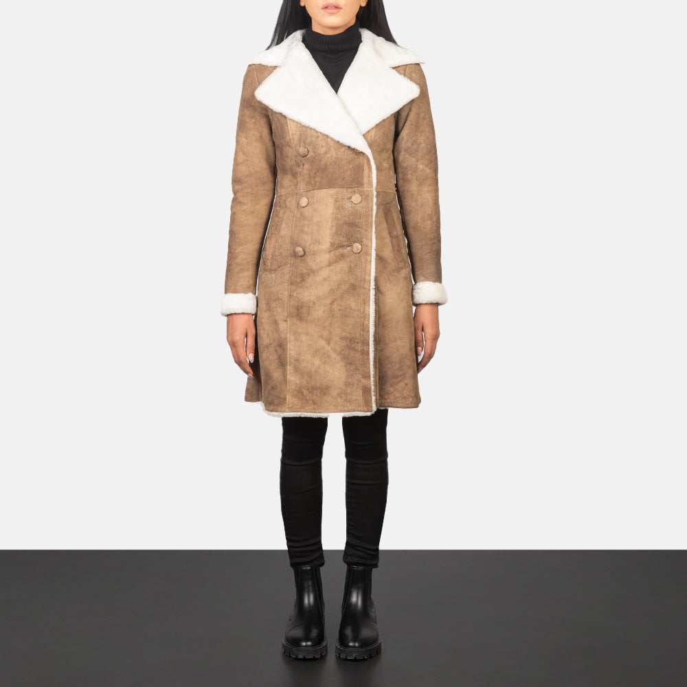Amie Distressed Brown Sheepskin Double Breasted Shearling Coat
