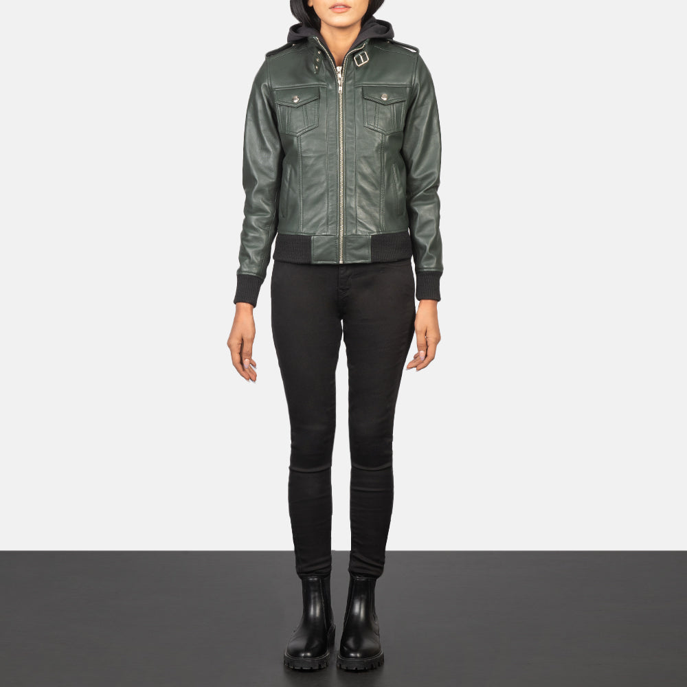 Roslyn Green Hooded Sheepskin Bomber Jacket