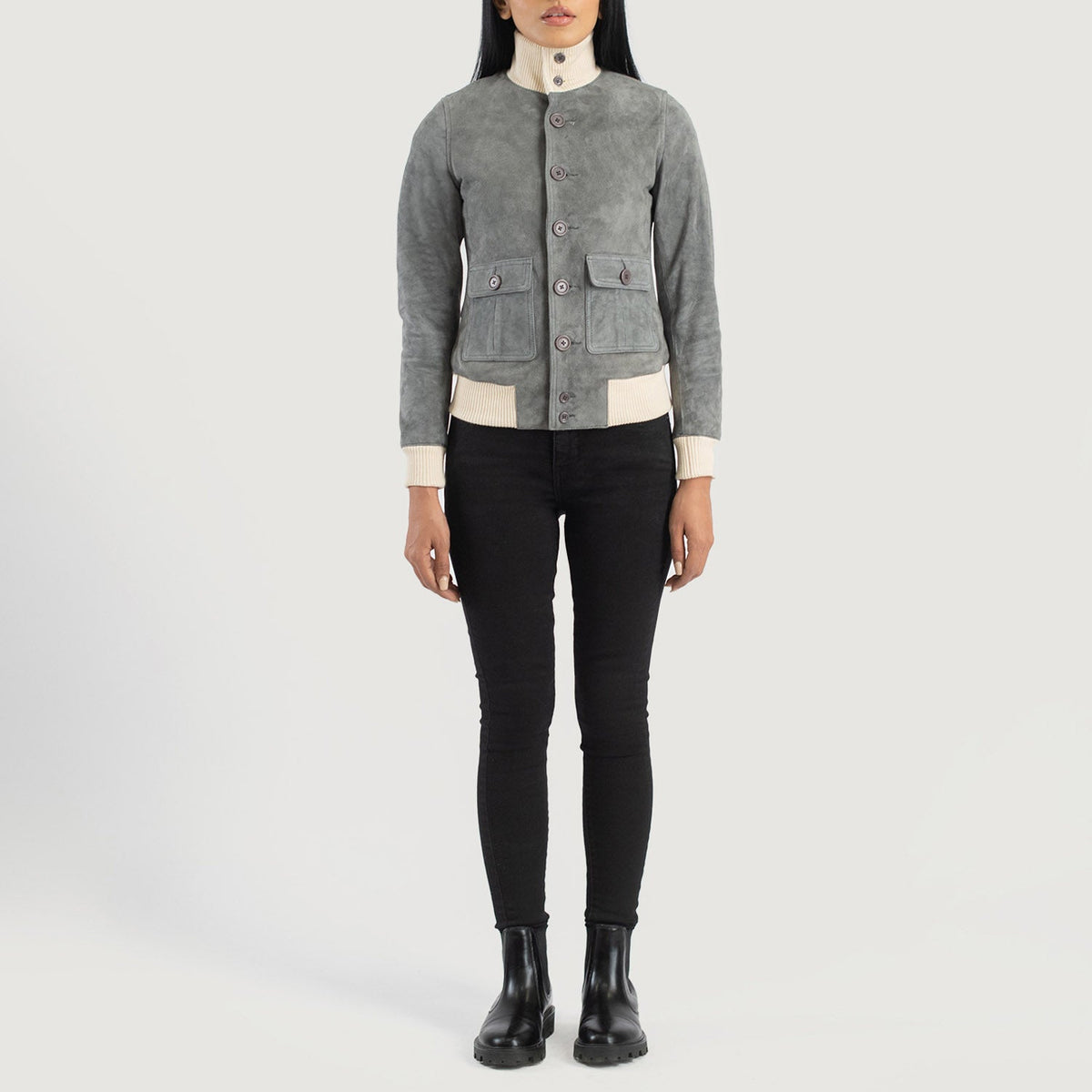 Sasha A1 Grey Goatskin Suede Bomber Jacket
