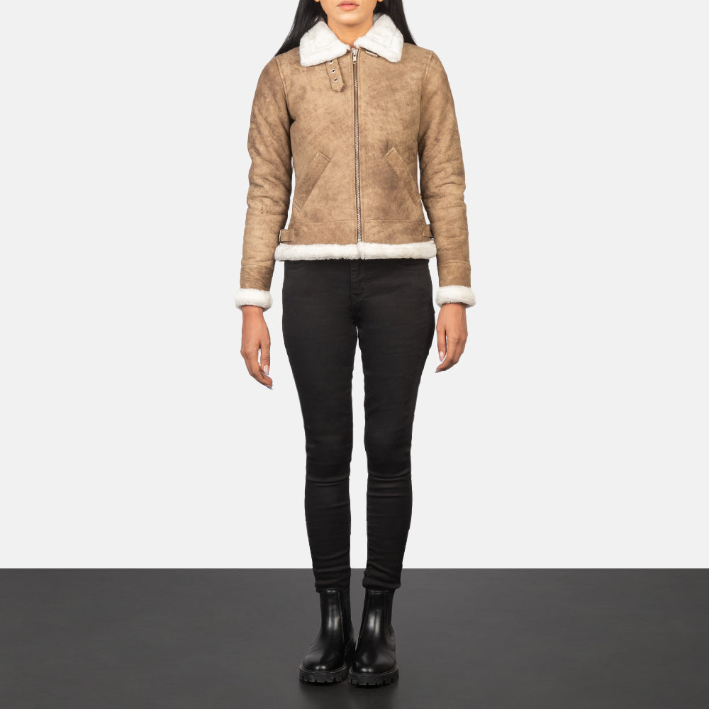 Sherilyn B-3 Distressed Brown Sheepskin Bomber Jacket
