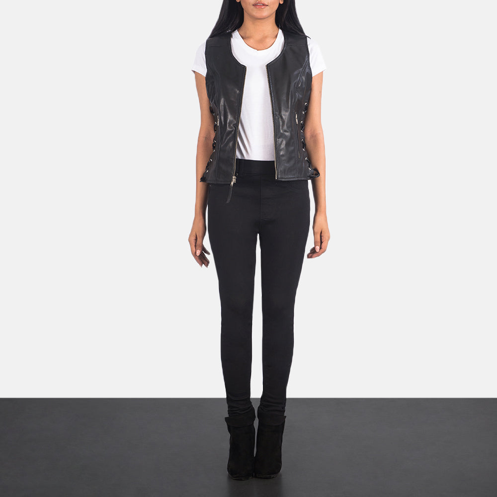 Vanda Black Goatskin Leather Biker Vest