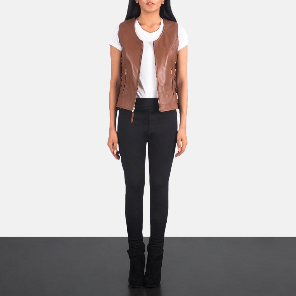 Vanda Brown Sheepskin Leather Biker Vest