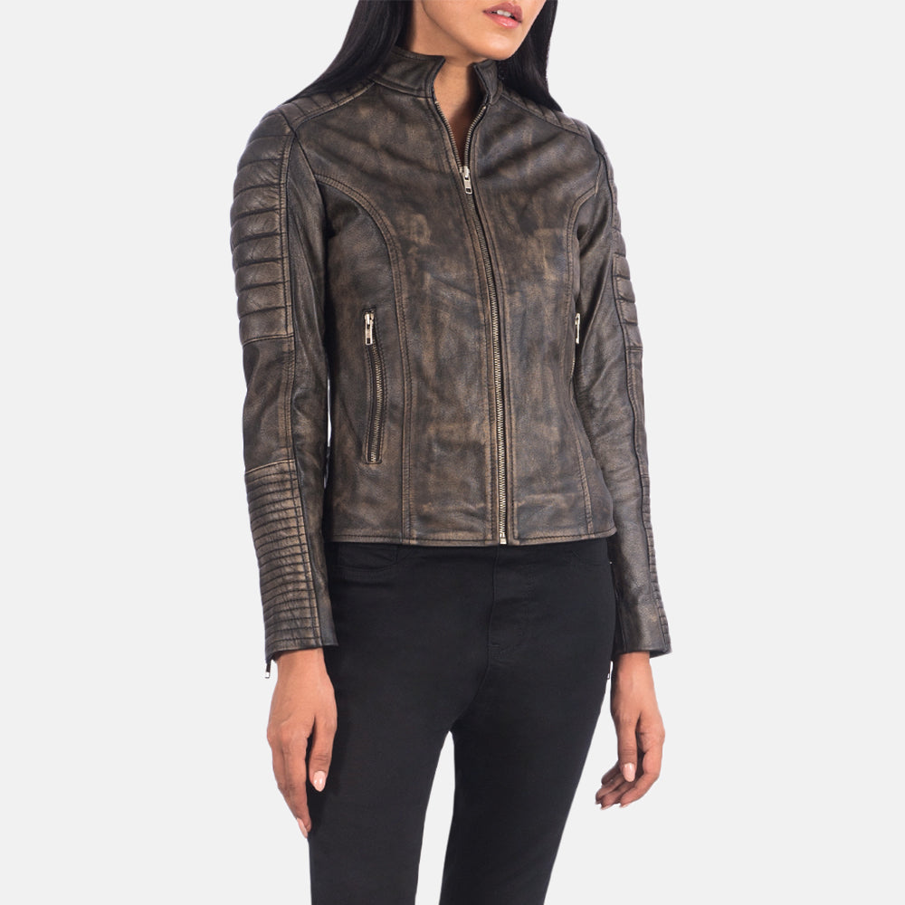Adalyn Distressed Brown Rub-Off Goatskin Quilted Moto Jacket