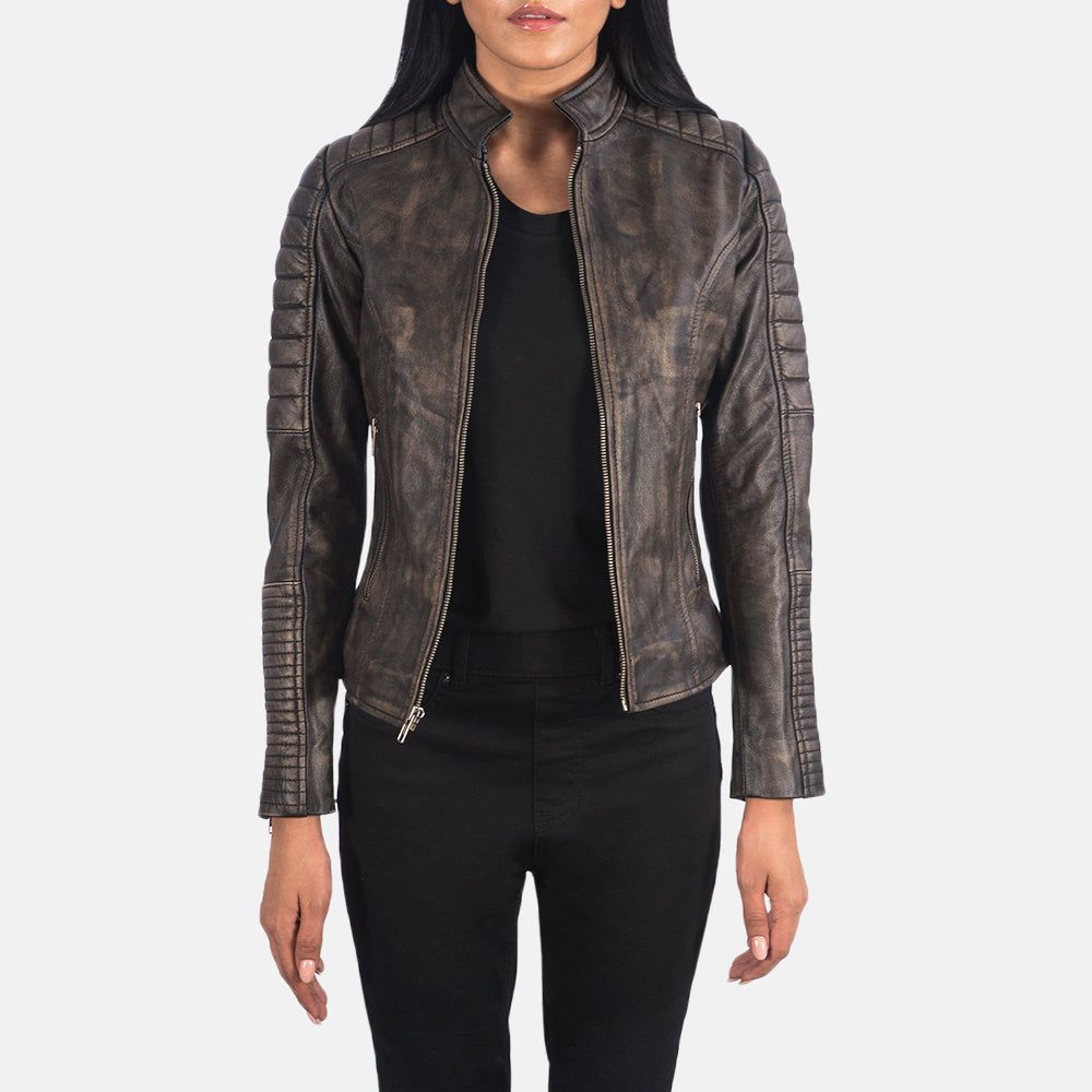 Adalyn Distressed Brown Rub-Off Goatskin Quilted Moto Jacket