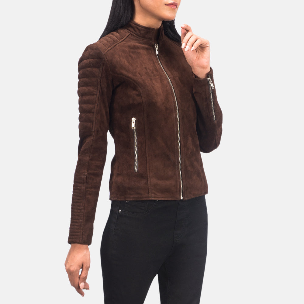 Adalyn Mocha Brown Suede Goatskin Quilted Moto Jacket