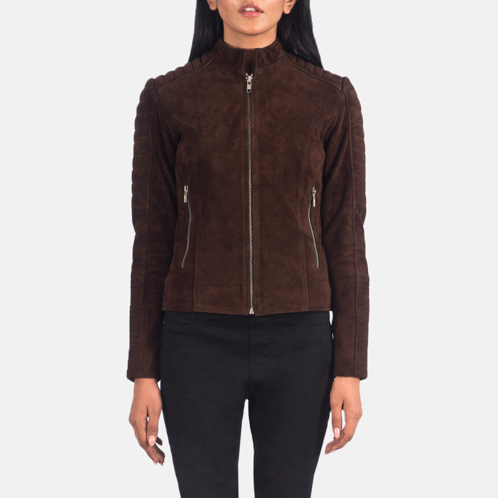 Adalyn Mocha Brown Suede Goatskin Quilted Moto Jacket