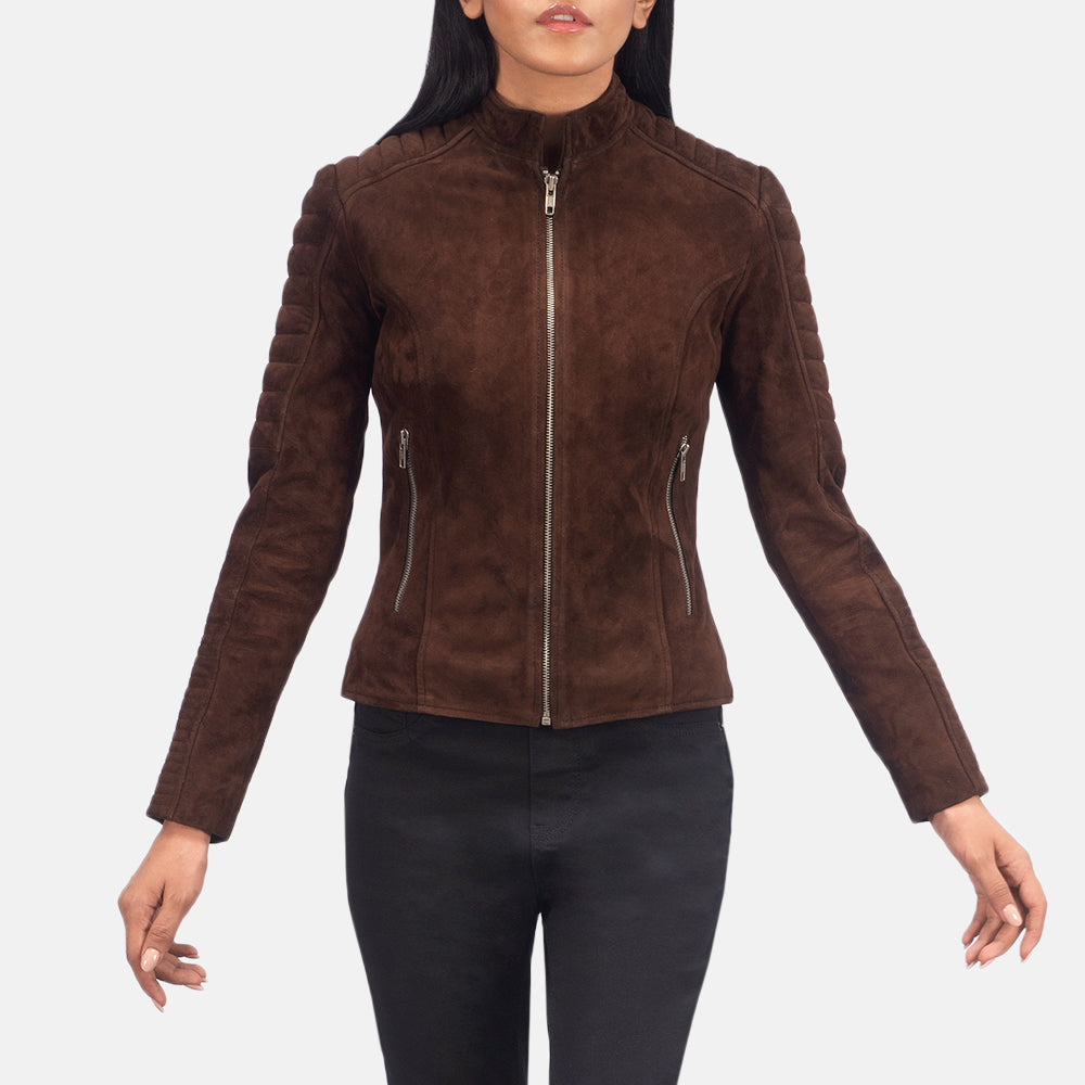 Adalyn Mocha Brown Suede Goatskin Quilted Moto Jacket