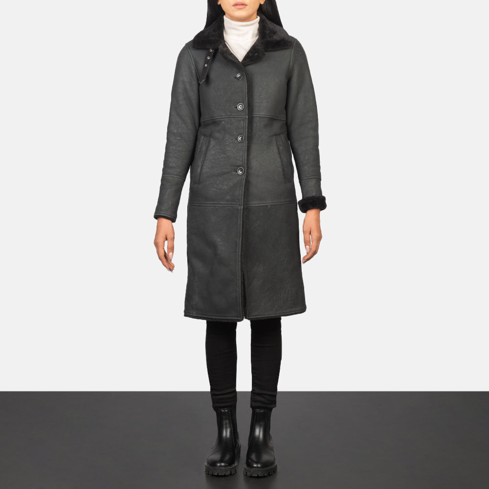 Alina Distressed Black Shearling Sheepskin Leather Coat